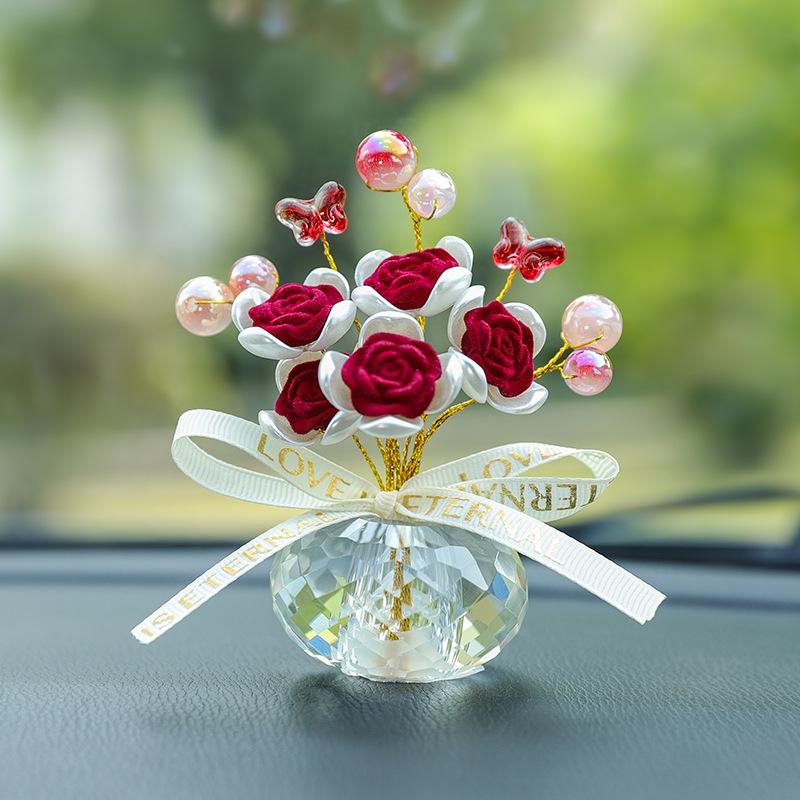 Exquisite Crystal Rose Bouquet Crystal Craft Decorative Mini Crystal Flower Figurine Creative Fashion Car Handmade Rose Ornament