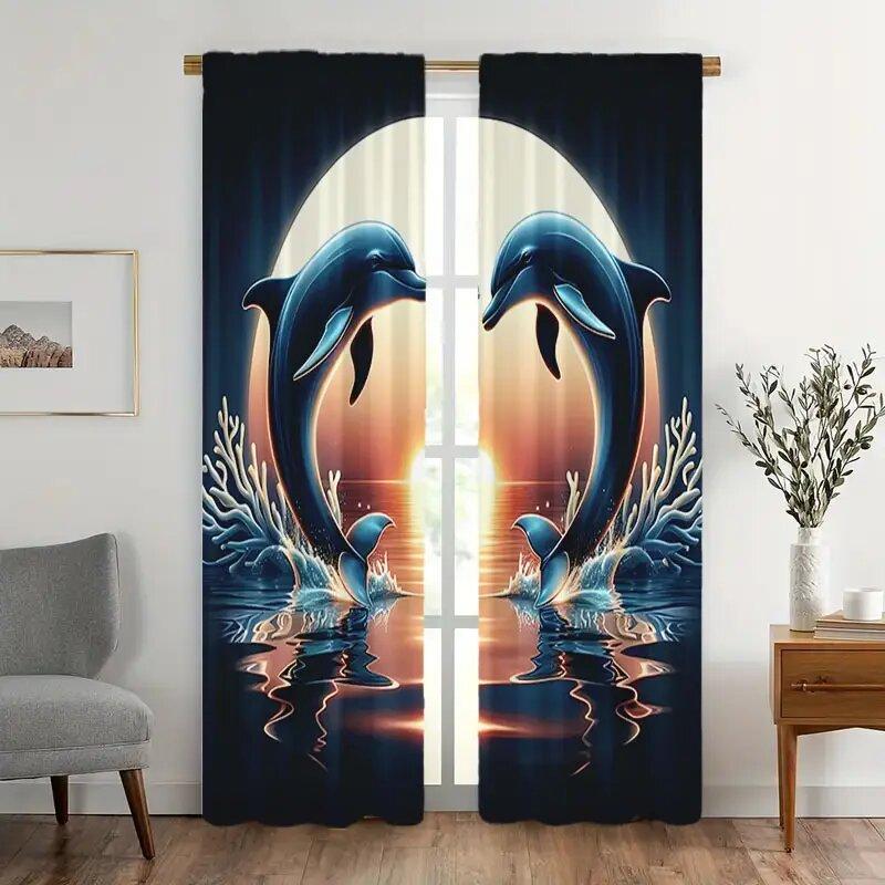 

2 pieces - Dolphin Jump Print - Pole bag curtains bedroom and kitchen decoration home decoration living room decoration 100*130 Grommet Top 1pcs