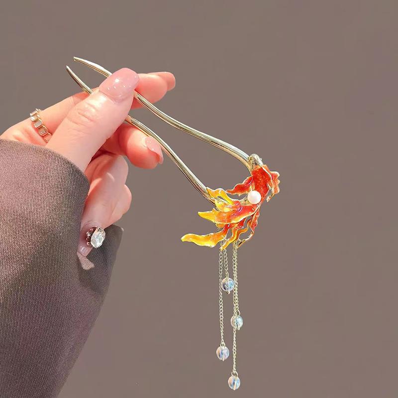 U Shape Chinese Style Red Fish Hair Sticks for Women Tassel Beads Hairpin Hanfu Wedding Glitter Jewelry Hair Accessories