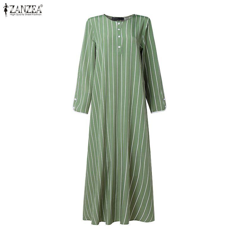 ZANZEA Women Muslim Casual Round Neck Loose Long Sleeve Stripe Print Long Dress