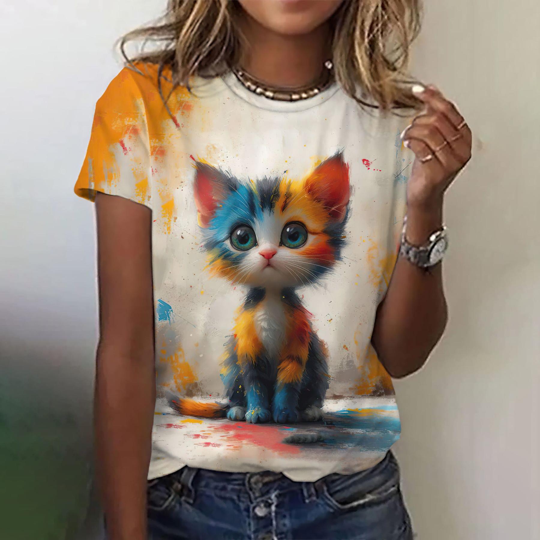 

Женская модная футболка с круглым вырезом, летняя одежда, забавная повседневная футболка с коротким рукавом и принтом кота, модная свободная футболка, женская одежда 4XL