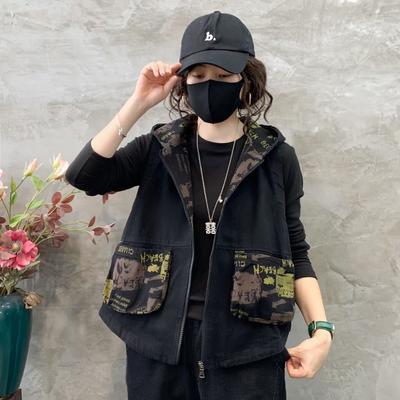 Dam Retro Lös Spliced Ärmlös Kort Hooded Denimväst