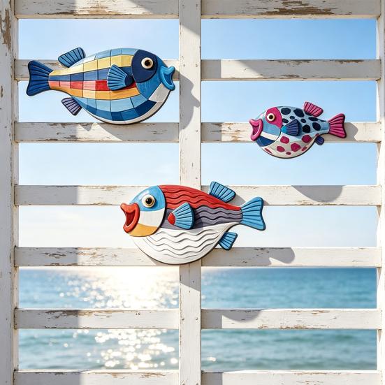3D Layered Wood Carving 3Pcs Wooden Fish Wall Art, Nautical Hanging Ornaments, Rustic Ocean Style Punch Free Sculpture, Coastal Decorations for Beach