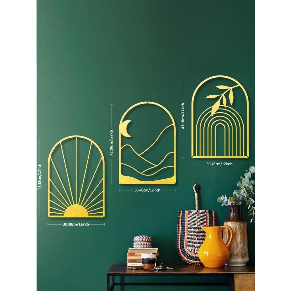 Gold Iron 3Pcs Bohemian Metal Leaves Wall Art, Minimalist Line Design Modern Decor for Bedroom Living Bathroom, Gift