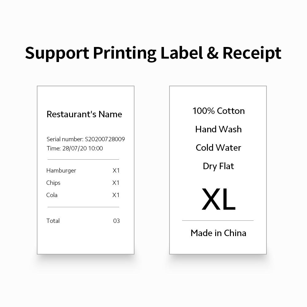 Impressora térmica BT + USB com suporte para impressão de etiquetas e recibos, edição inteligente de aplicativos, máx. 90 mm/s 15-58 mm