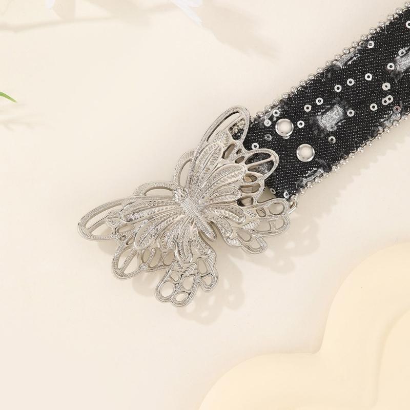Punk PU Waist Belt for Jean Heavy Duty Hip Hop Belt Waistband Glinting Buckle with Encrusted Butterfly
