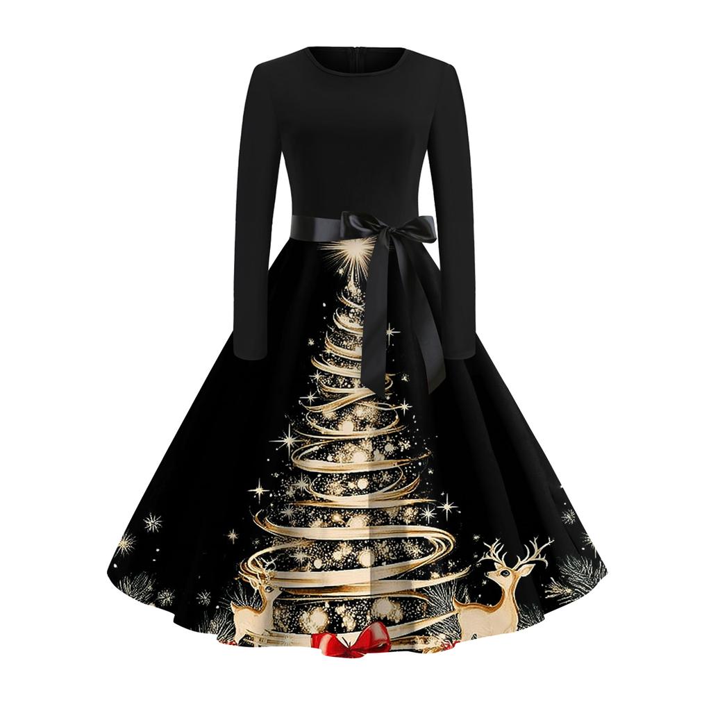 Women's Fashionable And Elegant Autun And Winter Long-sleeved Christmas Tree Print Dress