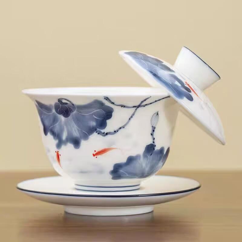 Hongyue Suet Jade Hand-Painted Hovering Rotating Sancai Cover Bowl Teacup Ceramic High-End Dehua White Porcelain High-End Tea Bowl