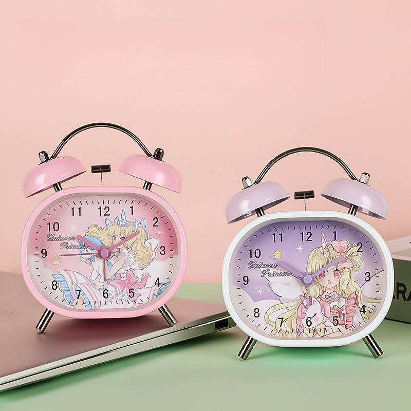 Cute cartoon children's alarm clock for students dormitory to wake up for new alarm clock metal ringing silent luminous clock