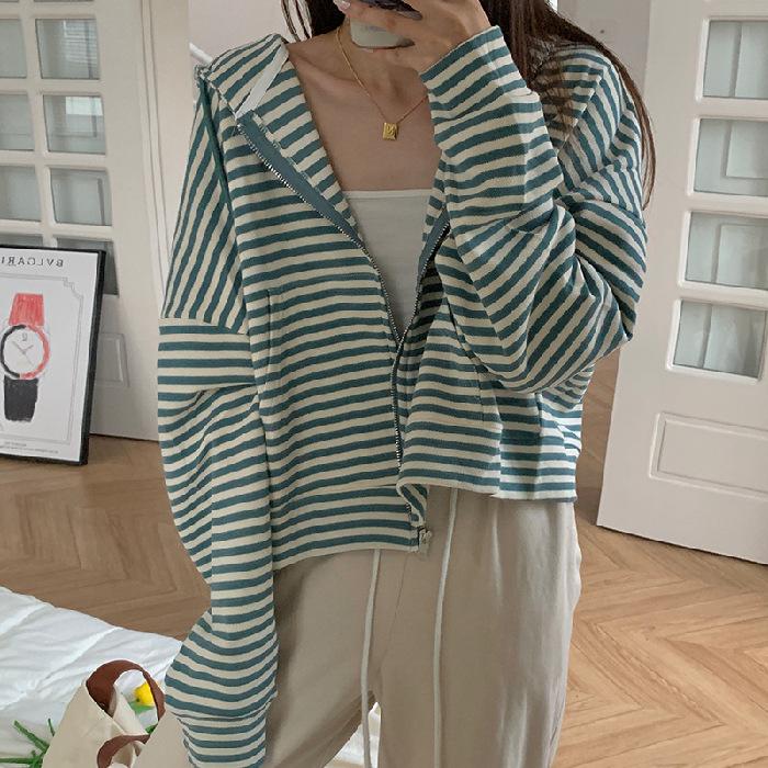 2023 Petite Hooded Ruffle Stripe Zip Cardigan for Spring/Autumn
