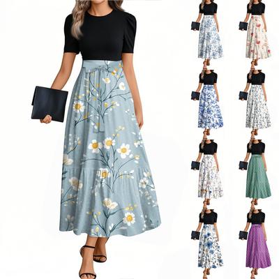 Damenmode Casual Gürtel Kurzarm Rundhals Blumennähte Elegantes Temperamentkleid