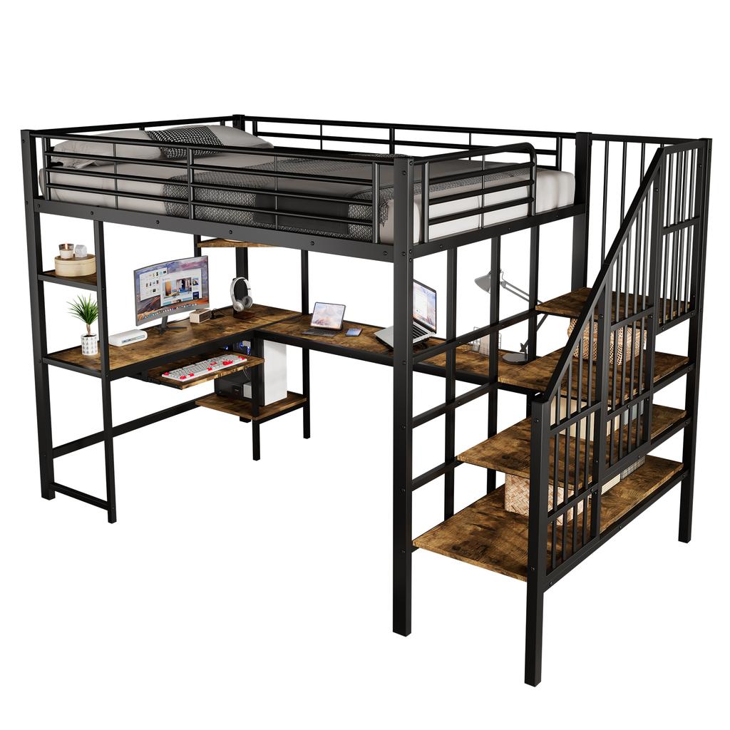 Bed, Loft Bed, Charging Port, Comfortable and Safe Corner Staircase, Desk Area with Keyboard Tray and Storage, Iron + MDF, Black + Dark, 120x200cm