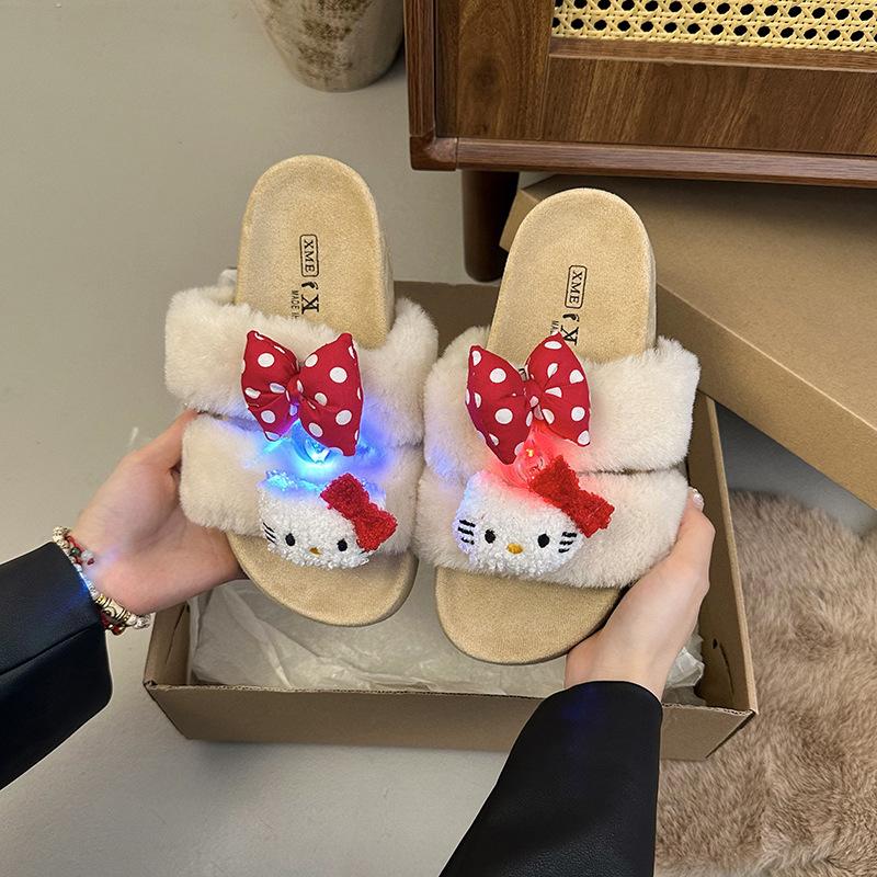 

Retro cartoon Hello Kitty fluffy slippers women s outerwear 2025 autumn new bow versatile Birkenstock one-word drag 40 бежевый