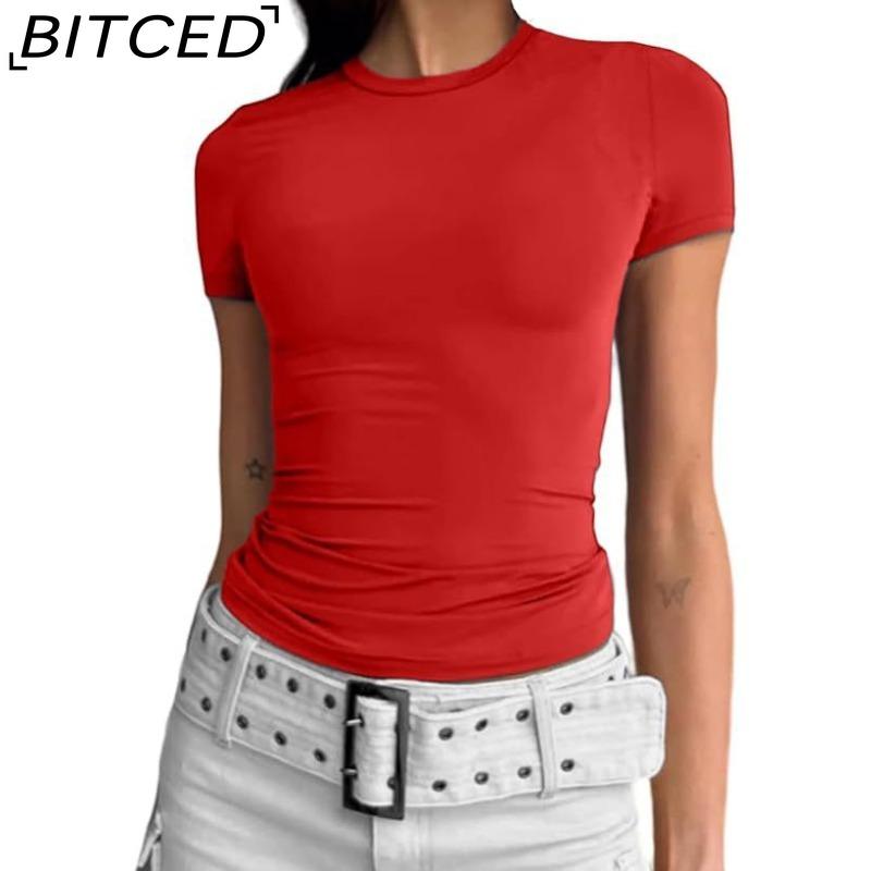 BITCED Damska koszulka z długim rękawem na lato: Stylowe topy z dekoltem O, dopasowane, do noszenia jako warstwa zewnętrzna