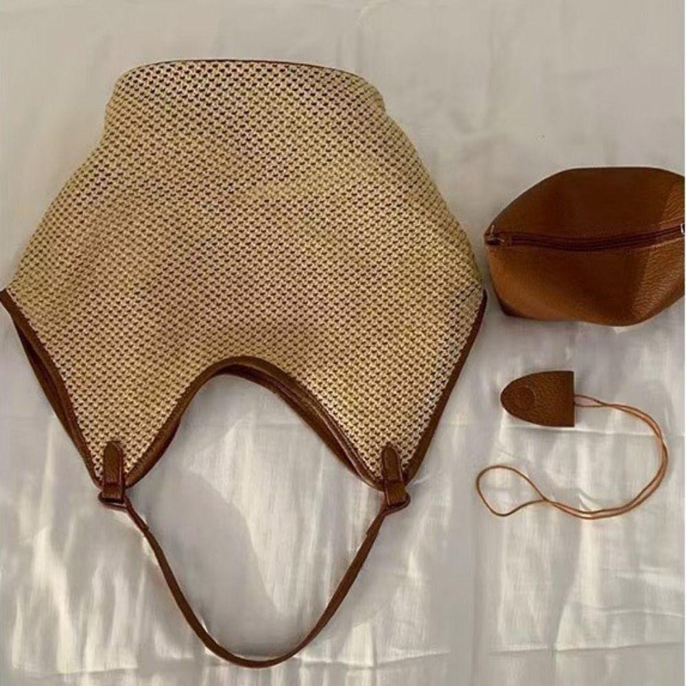 Parent Shoulder Bag Straw Woven Bag Tote Bagwith Sunglasses Clip Hollow Shoulder Bag  Travel