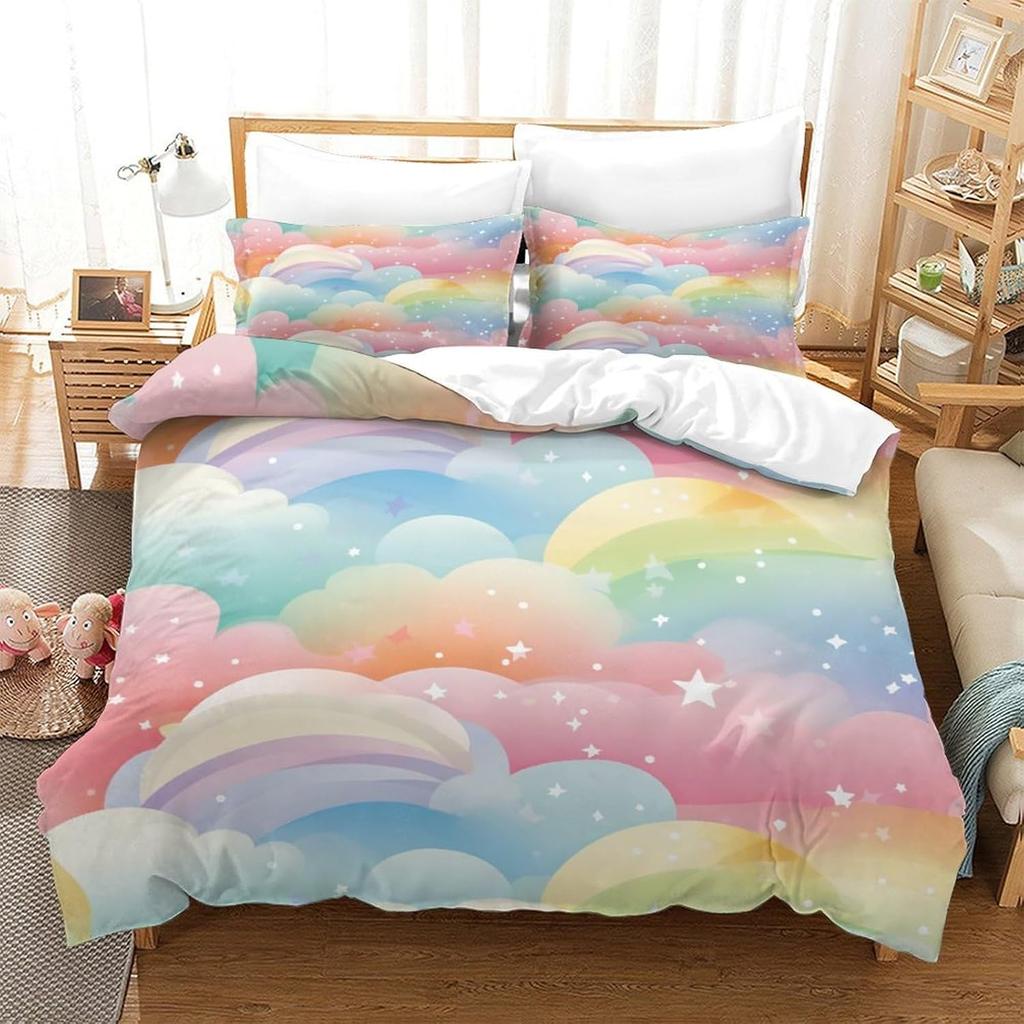 Rainbow Duvet Cover Twin Queen Kawaii Clouds Star Dream Castle Print Comforter Cover Microfiber Cartoon Bedding Set For Boy Girl