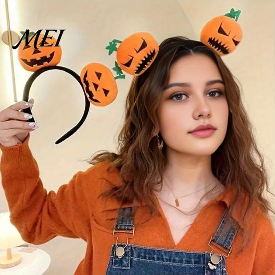 Holiday Headwear for Kids Adults Halloween Plush Pumpkin Headband, Fuzzy Orange Ghost Face Cute Headpiece Hair Accessories Women Costume Cosplay Theme
