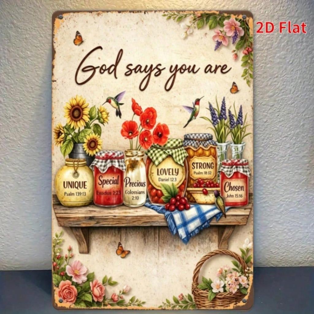 1pc Vintage Sunflower Hummingbird Metal Tin Sign, Bible Verse Floral Retro Farmhouse Kitchen Decor, 7.87x1