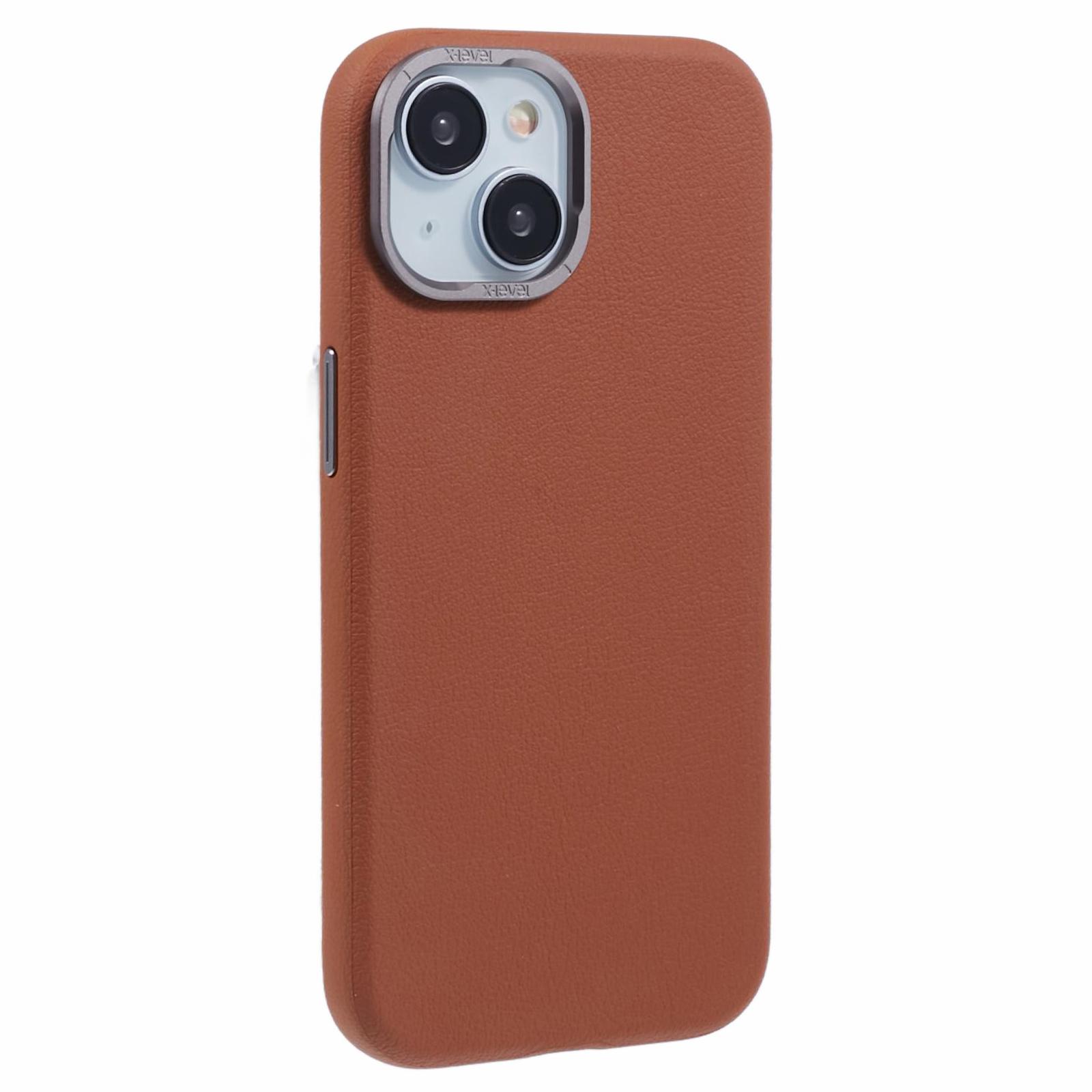 

For iPhone 15 Case Leather+PC Anti-Scratch Phone Case Metal Lens Frame Brown