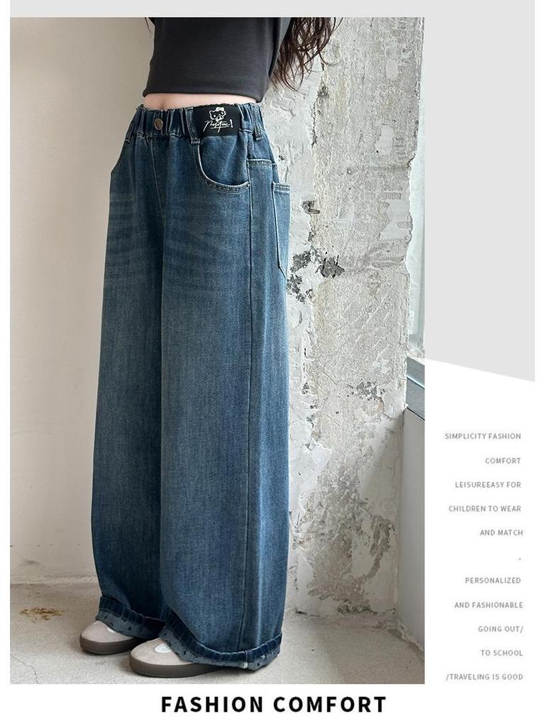 2025 Girls' Trendy Denim Wide-Leg Pants - Spring/Autumn Style, Long Straight-Leg for Big Girls