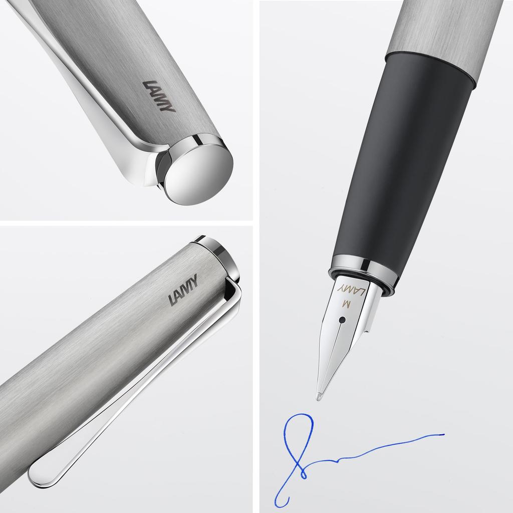 LAMY Studio Matte Brush Fountain Pen Elegant Metal Body Steel Nib Nib Size F Includes LAMY T10 Blue Ink Cartridge - - (Partially Platinum-Plated) - -