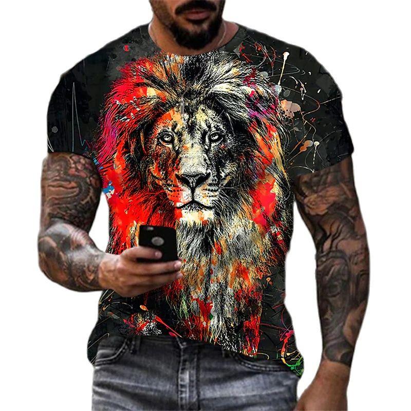 Mens Lion Head Crew Neck Animal Pattern Tee Soft Comfortable Slight Stretch Short Sleeve Regular Fit for Pajamas Everyday Wear