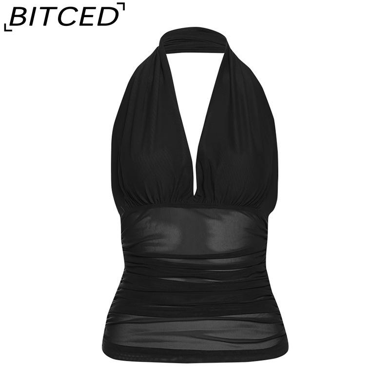 

BITCED Spring Women s Solid-Color Slim-Fit Streetwear Fashion Halter Neck Sexy Backless Tank Top L чёрный