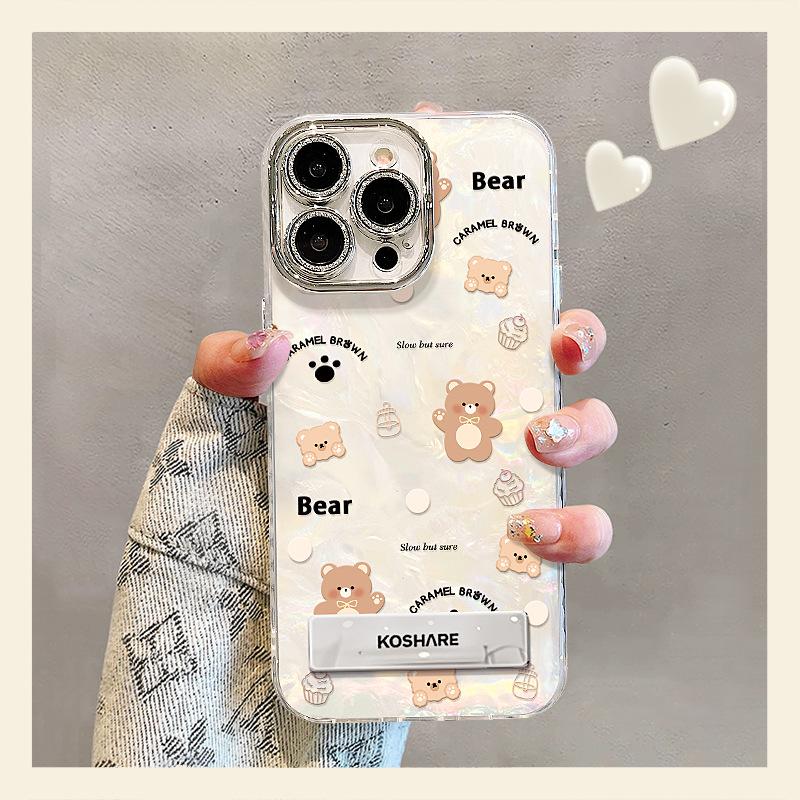 Cute Bear Bracket Chain Is Suitable for Apple 16 Mobile Phone Case 13promax Advanced Sense 15 All-inclusive Lens Film 14.
