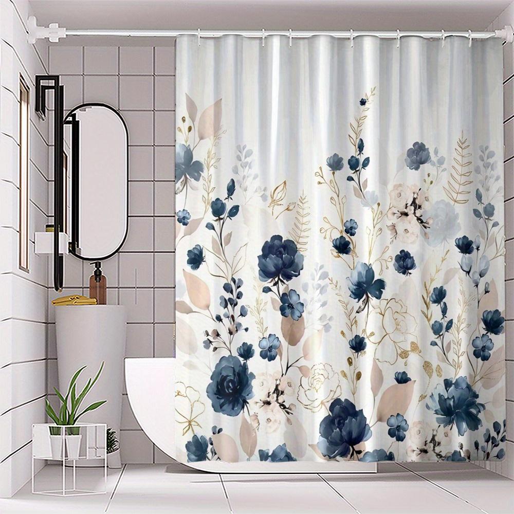 1Pc Of Blue Floral Digital Print Waterproof Polyester Shower Curtain, No Drilling Required, Bathroom Partition Curtain.