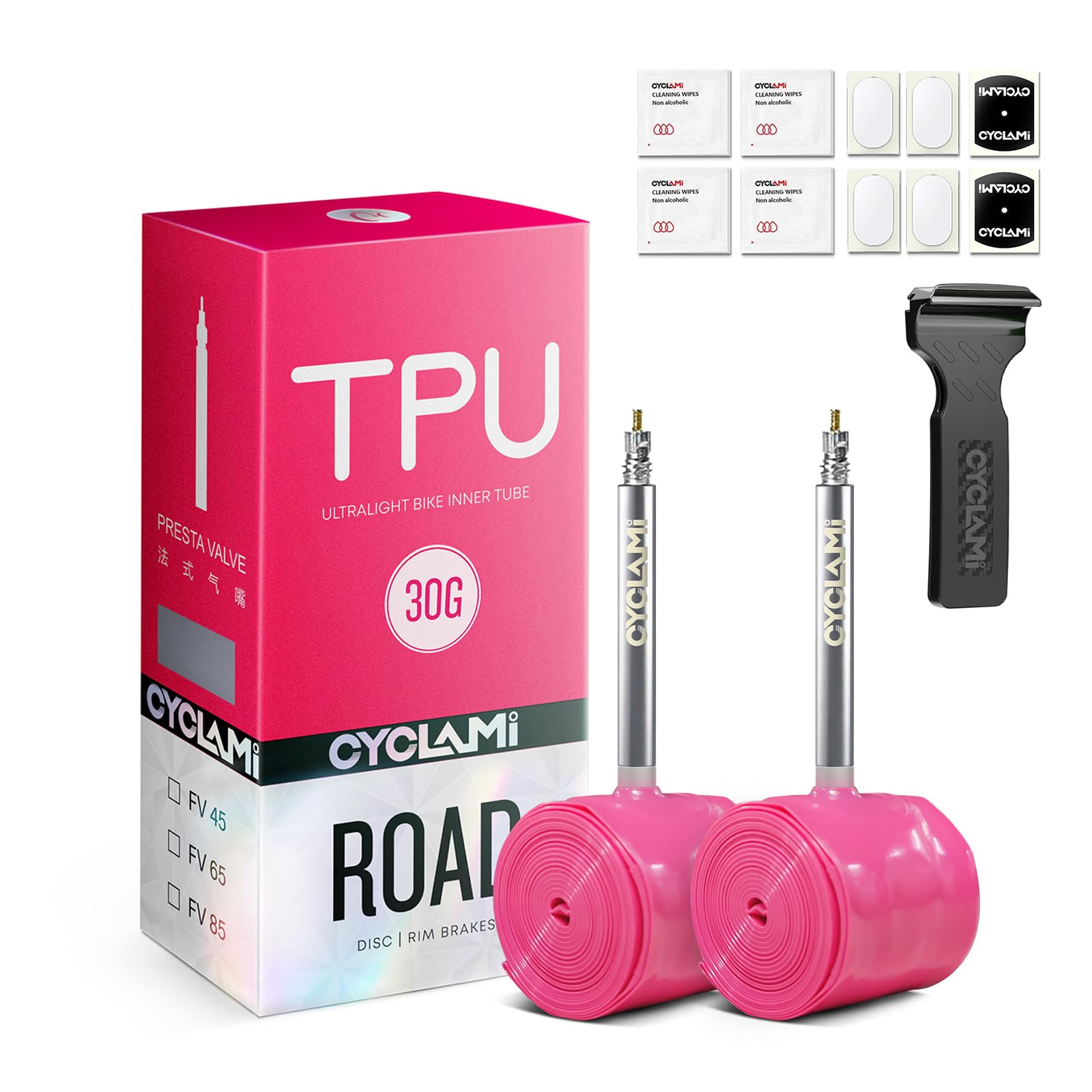 

CYCLAMI TPU 700C Велосипедные камеры для шоссейного велосипеда Совместимы с Включает 45 мм металлический ниппель Presta и Подходят для велосипедных шин Шина Сверхлегкие (30г) - розовый