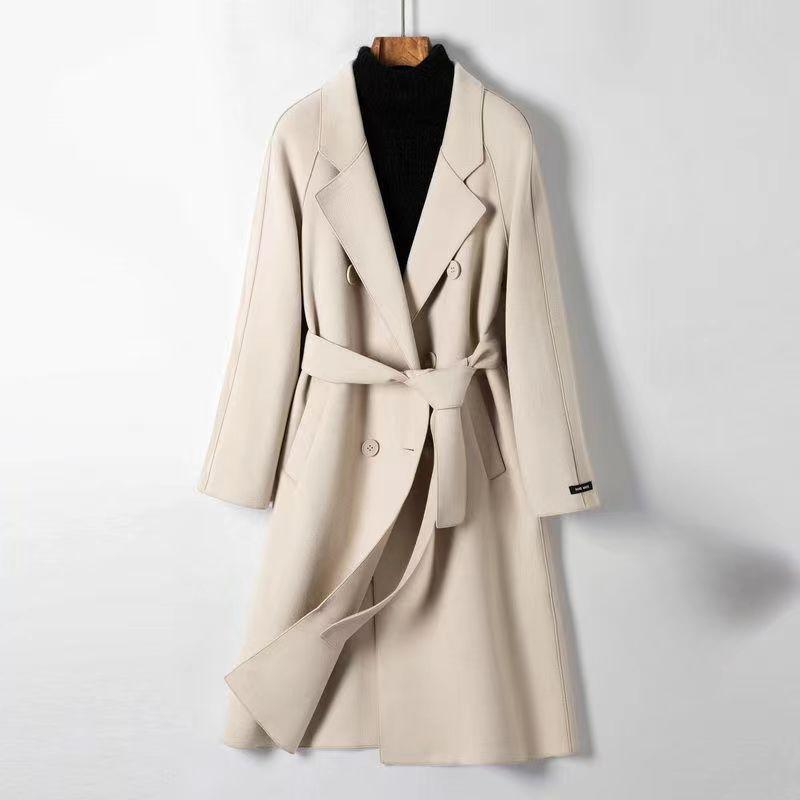 Teplý a módní vlněný kabát v jednobarevných barvách pro ženy s páskem na podzim a zimu