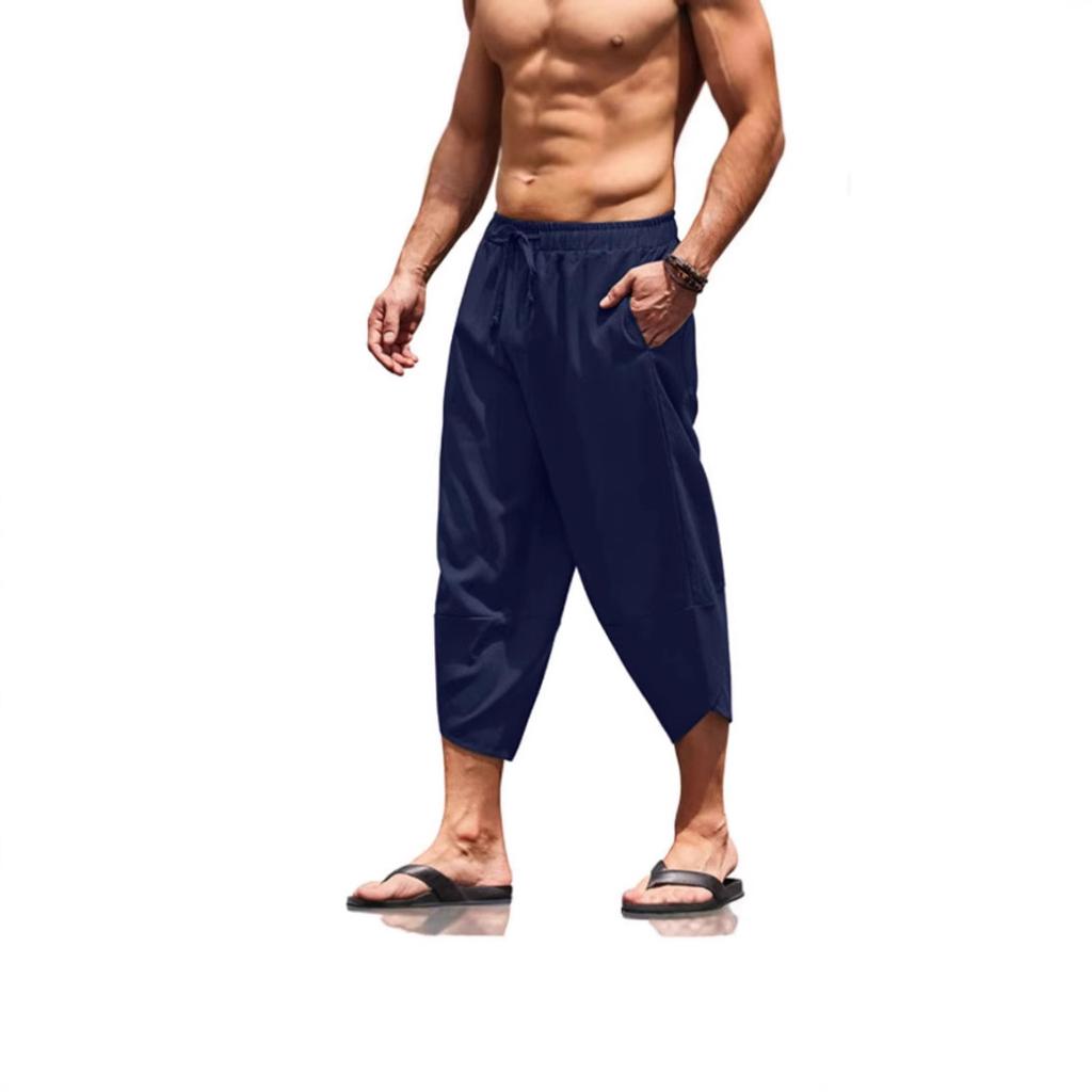 Чоловічі літні суцільні кольорові капрі шаровари чоловічі еластичні талії шнурок 3/4 довжина укорочені штани мішкуваті спортивні штани