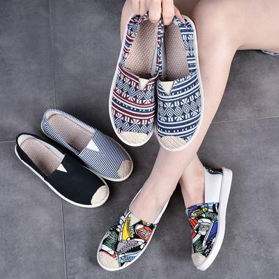 Fashion Women Slip On Flats Print Flat Bottom Light Mesh Lazy Fisherman Shoes Canvas Breathable Flat Women's Single Shoes