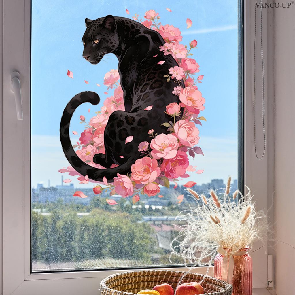 Rosa Blumige Gepard Tier Statisch Haftende Fensteraufkleber, Glasaufkleber für Schaufenster, Hausdekoration