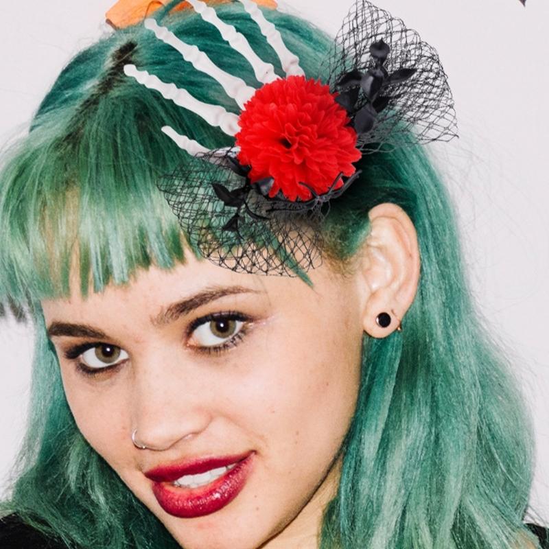 2pcs Halloween Scary Skeleton Hand Floral Hair Clip Hair Barrettes For Women Party Costume Accessory With Mesh Design