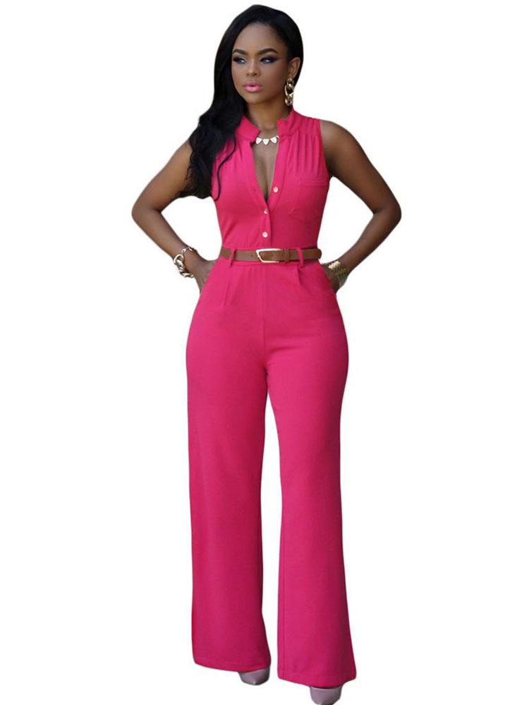 Women's Single-Breasted High Waist Belted Wide Leg Jumpsuit