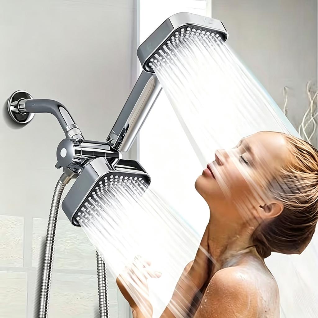 Chrome Plated Double Shower Head Kit with Handheld And Overhead Sprays Wall Install Anti-Clog Water Outlet for Powerful Bathroom