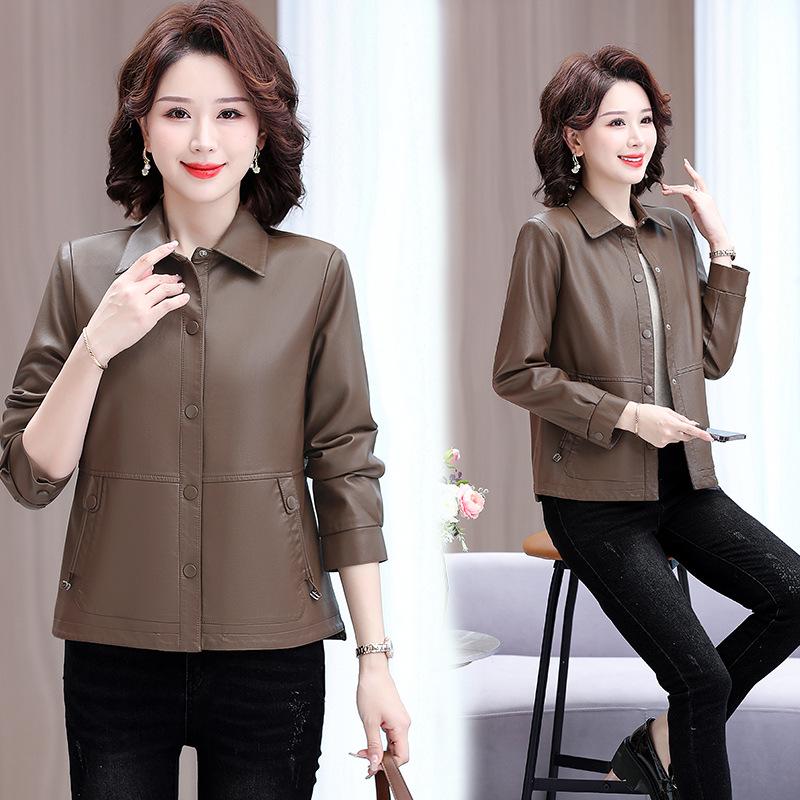 

Стильная женская куртка из ПУ кожи на весну и осень - Модная короткая верхняя одежда с лацканами для женщин среднего и пожилого возраста 5XL (145-155 lbs) кофейный
