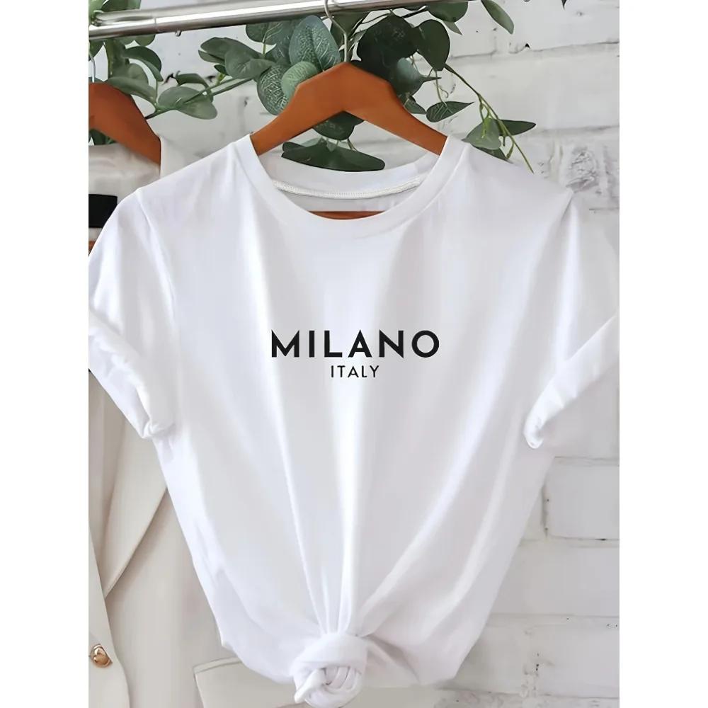 MILANO ITALIEN Buchstabenaufdruck Rundhals-T-Shirt Lässiges Kurzarm-T-Shirt für Frühling & Sommer Damenbekleidung Valentinstag
