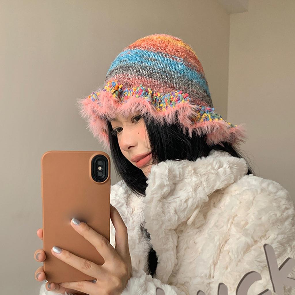 Handmade Knit Striped Bucket Hat for Woman Weaving Striped Plush Floppy Bucket Hat Adult Teens Winter Fisherman Cap