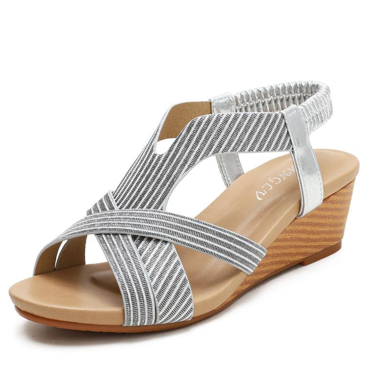 

Bohemian style open-toed summer comfortable vacation sandals travel wedges Roman sandals women - 36 серебряный