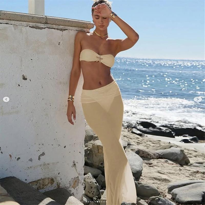 Summer 3 Piece Bikini Sets Strapless Bikini Top With Half Long Skirt Cover Ups Beach Wear Female Biquini Bathing Suit