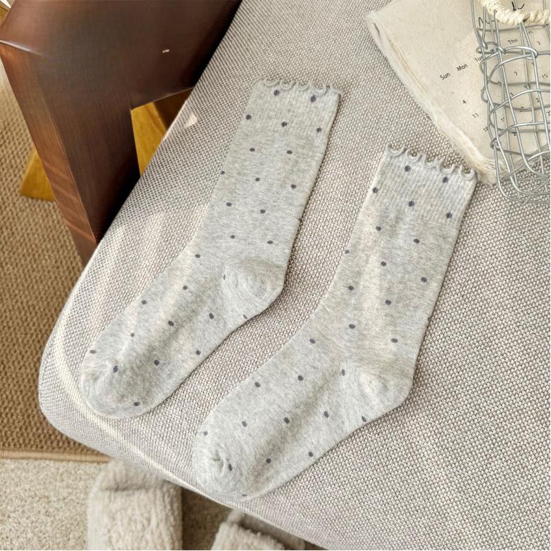 Women's Mid-calf Socks, Cartoon and Sweet Embroidered Puppy, Bow, Polka Dot, School-style Cotton Socks, Trendy Women