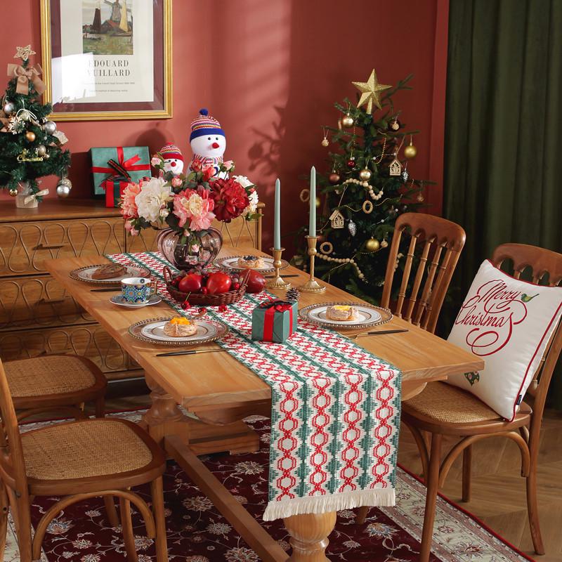 American Cotton Linen Table Runner, Natural Color with Tassels, Stripes, Diamonds, and Plaid Pattern for Dining Table or Sideboard Decoration.