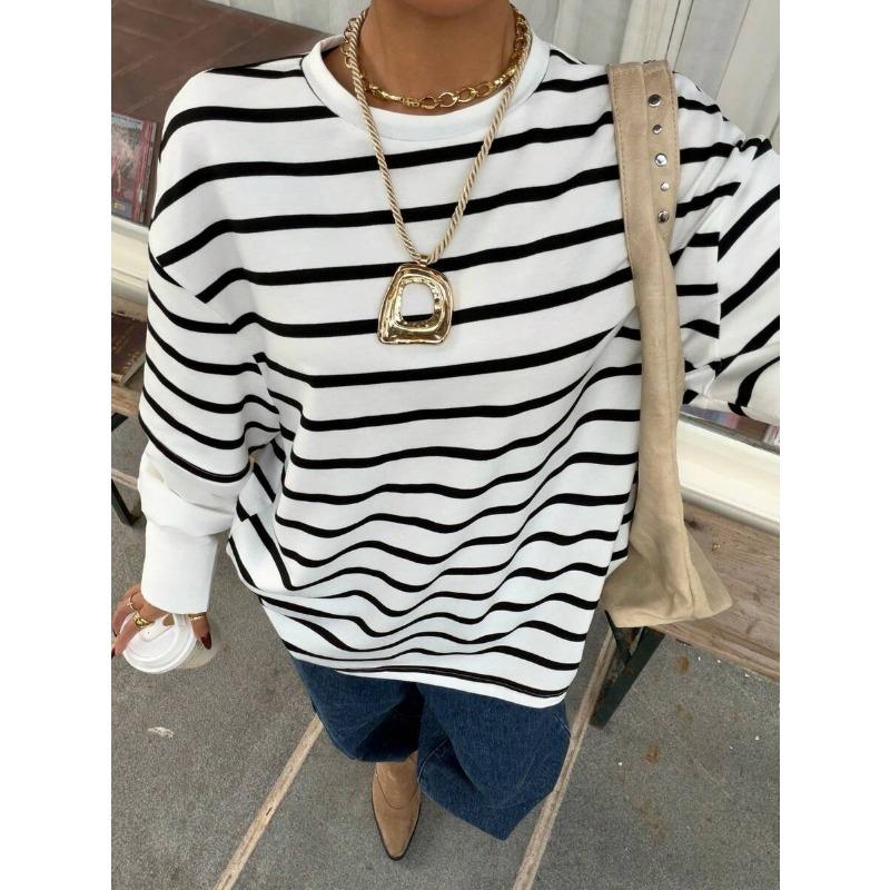 Women Striped Crew Neck Fake Two Piece Loose Long Sleeve Casual Sweatshirt