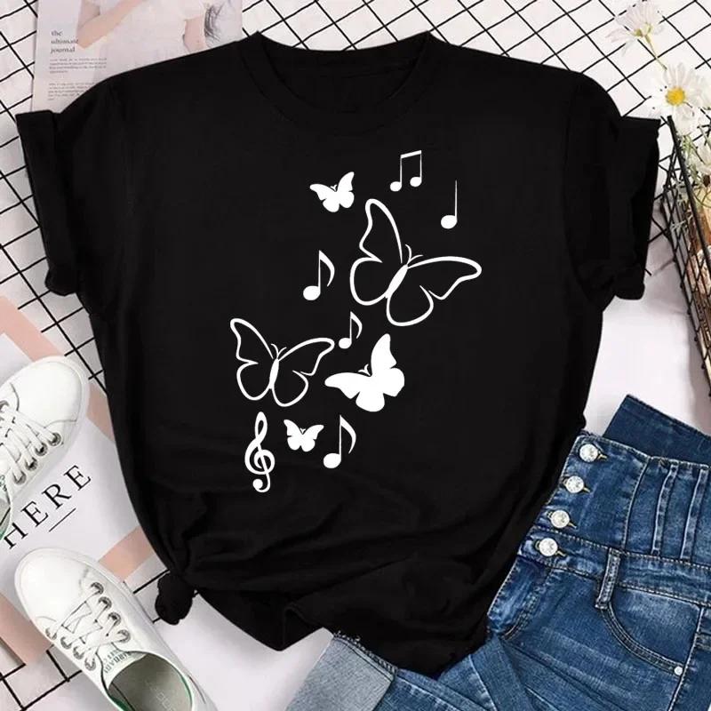 Women's colorful butterfly petal print T-shirt short-sleeved round neck cute graphic top