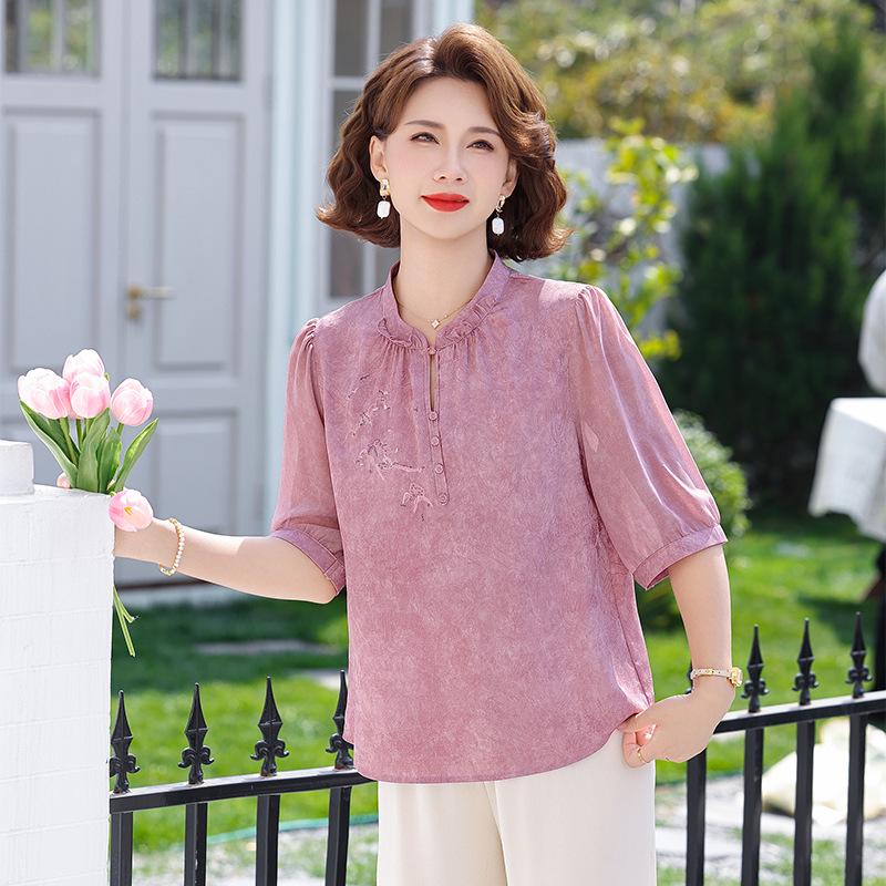 Elegant Anti-Aging Chinese Style Summer T-Shirt, Seven-Point Sleeve for Middle-Aged and Elderly Women