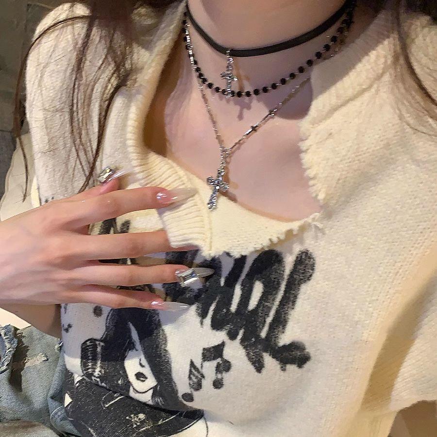 Gothic Punk Y2K Metal Cross Pendant Necklace For Women Men Lovers Vintage Multi Layer Bead Necklaces 90s EMO Charm Jewelry Gift