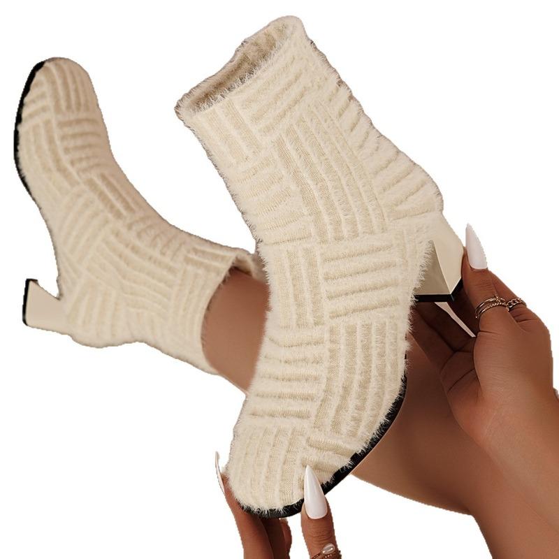 Large Size Women's Autumn and Winter New Knitted High-heeled Plush Short Boots Solid Color, Round Head Thick Heel Elastic Women's Hair Boots