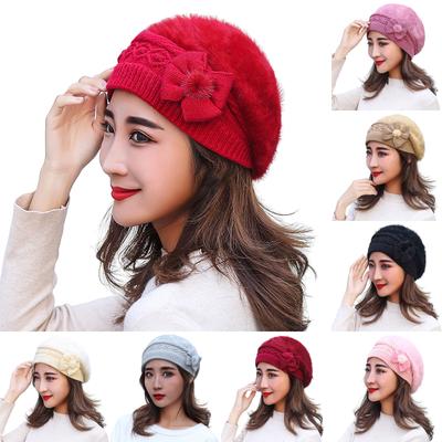 Damen Gestrickte Wollmützen Winter Blumenverziert Warm Damenmütze Mützen Pelzmütze Gorros Mütze Weiche Atmungsaktive Beanie Mützen